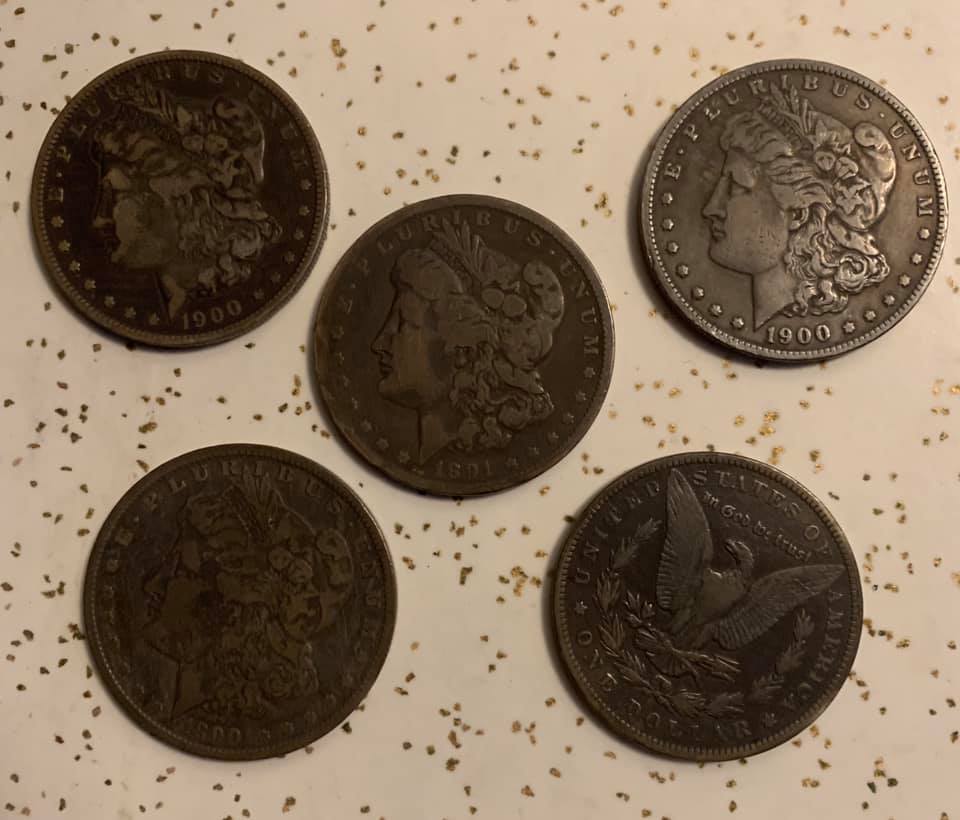 Silver coins darkened by bleach showing various stages